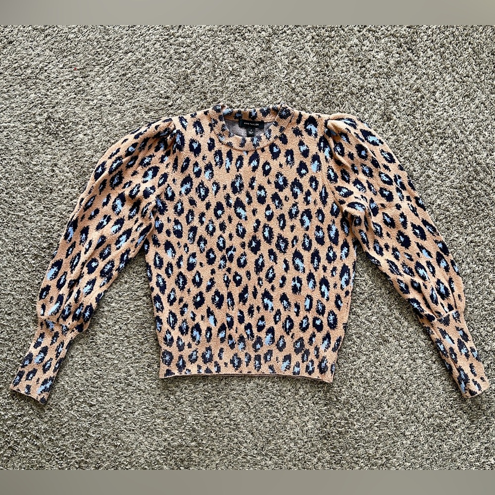 Ann Taylor Leopard Print Puff Sleeve Sweater in Camel and Blue